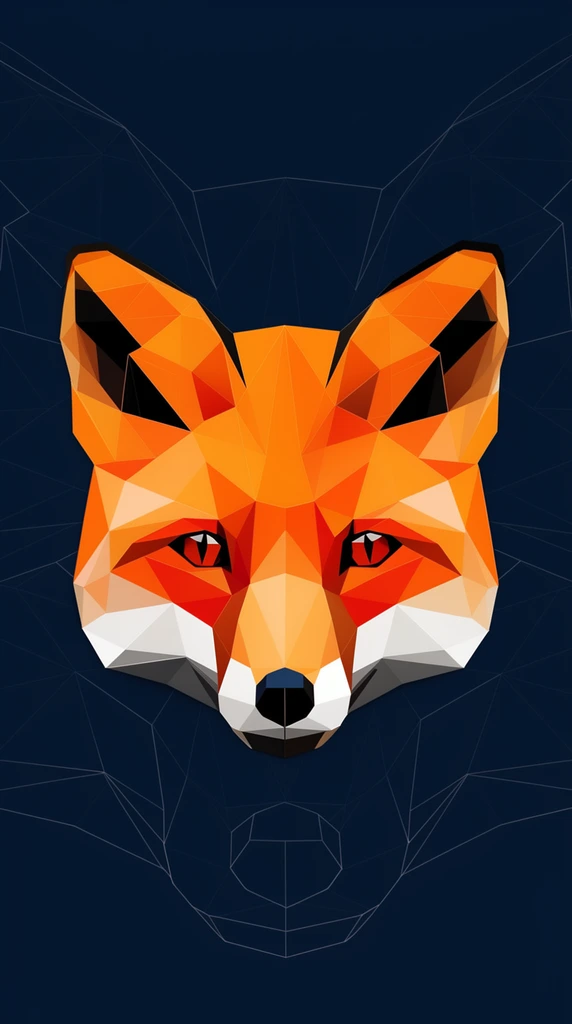 A symmetrical low-poly fox head constructed from vibrant orange, white, and black faceted triangles, centered against a dark navy blue background. The geometric vector art features 3D-shaded polygons to create depth. A faint wireframe outline of a larger fox head encompasses the central vibrant figure, completing the minimalist digital aesthetic.