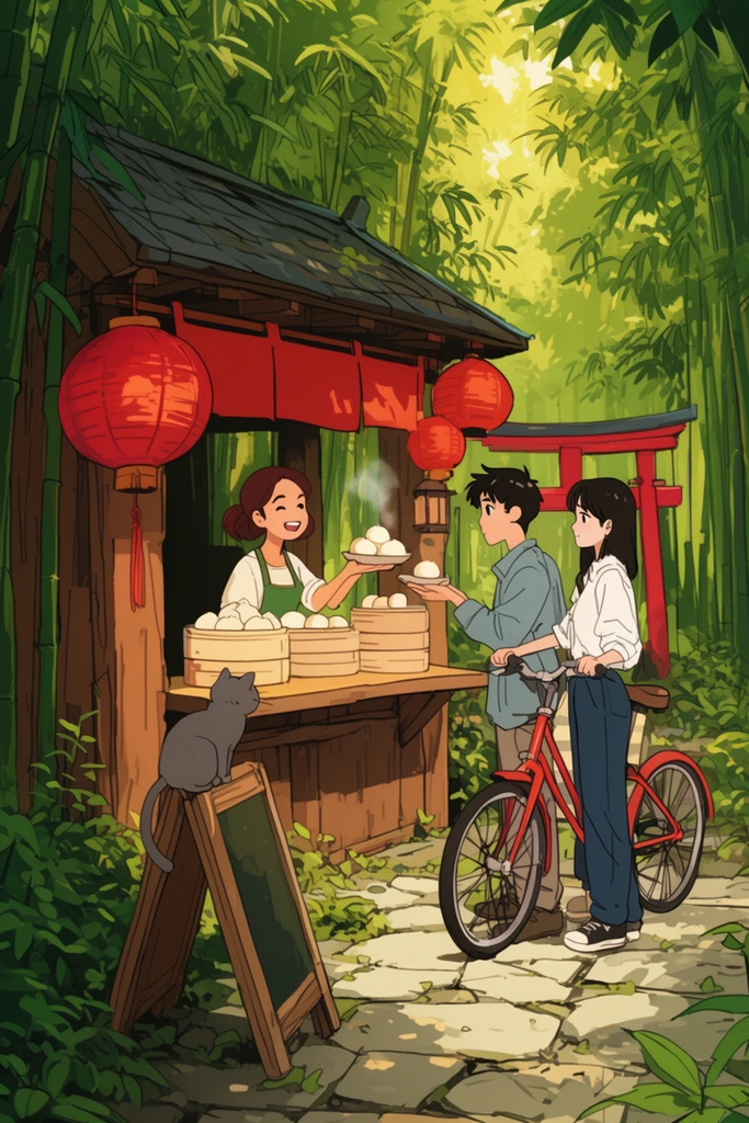 2D anime illustration of a wooden food stall in a lush green bamboo forest, smiling female shopkeeper serving steaming round dumplings to a young man with a red bicycle and a young woman in a white shirt, hanging red paper lanterns, small red torii gate in the background, wooden A-frame board with a resting grey cat, cracked stone paving, warm dappled sunlight filtering through leaves, vibrant color palette, crisp line art, cozy lo-fi illustration style