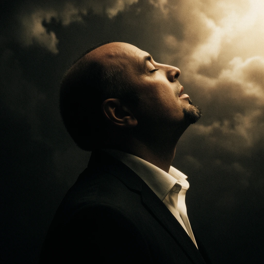 A dramatic profile portrait of a balding man with a short goatee tilting his head backward with closed eyes and a slightly parted mouth. He wears a crisp white collared shirt beneath a dark suit jacket that fades into heavy lower shadows. A strong, warm directional light breaks through dark, swirling clouds in the upper right, brightly illuminating his face and collar. The composition features intense chiaroscuro, a moody desaturated sepia color palette, and prominent film grain for a gritty fine-art photography aesthetic.