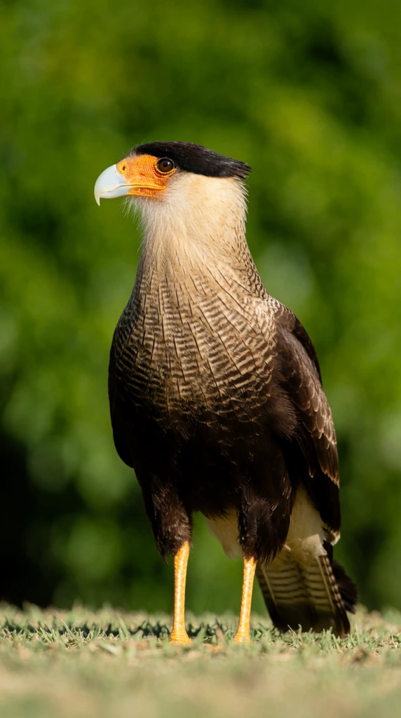 A crested caracara stands alert in short grass against a deeply blurred, vibrant green background. The bird of prey features a distinct black cap, striking orange facial skin, a pale hooked beak, and a creamy neck with dark striations fading into a dark brown body. Bright yellow-orange legs support its tall posture. This crisp wildlife portrait captures the bird in profile looking left, utilizing bright natural sunlight and a shallow depth of field to emphasize fine feather textures against the soft bokeh of the foliage.