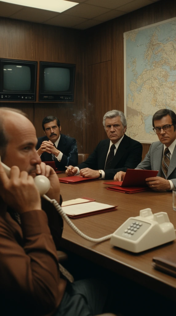 A tense boardroom scene in a 1970s cinematic style features four men in a wood-paneled room. In the extreme left foreground, a partially bald man in a brown shirt holds a white telephone receiver to his ear. Behind him, three men in formal attire sit at a conference table holding red folders. One man wears a dark suit and mustache, clasping his hands near a smoking cigarette. The center man features grey hair, a black suit, and a serious expression, while the man on the right wears a grey suit and glasses. The background walls display two dark monitors and a large geographic map, illuminated by warm overhead lighting with a widescreen film aesthetic.