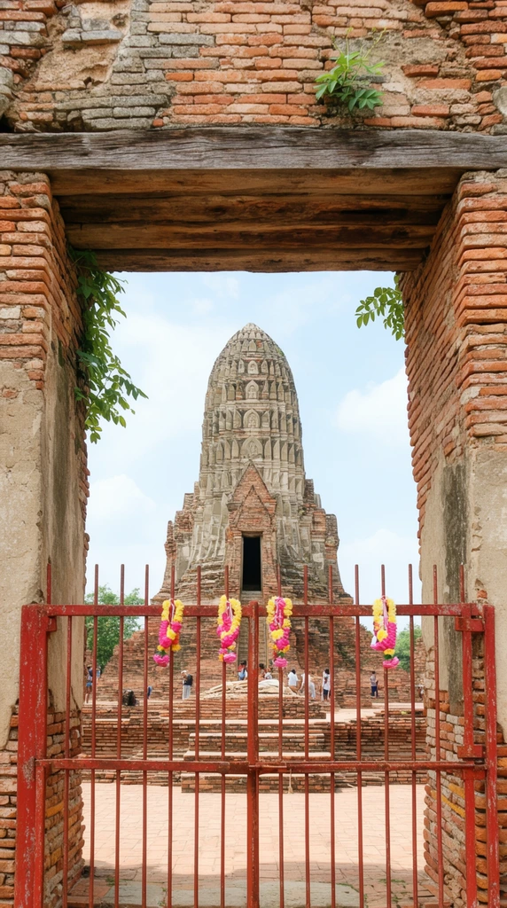 ancient brick temple ruins framed by a weathered doorway, towering bell-shaped stone stupa with intricate carvings and a dark central niche, rusted red metal gate with vertical bars blocking the foreground archway, colorful pink and yellow flower garlands tied to the red gate, thick wooden beam spanning the top of the brick frame, tiered brick foundations in the midground, scattered small figures exploring the site, green leaves growing from the aged brickwork, bright natural daylight, pale blue sky with soft clouds, symmetrical architectural photography