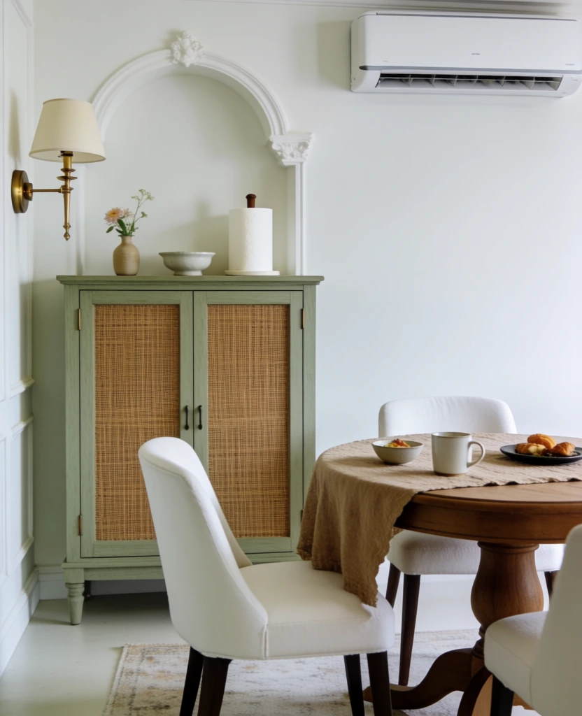 elegant sage green breakfast nook, interior design photo, airy upscale cozy vibe