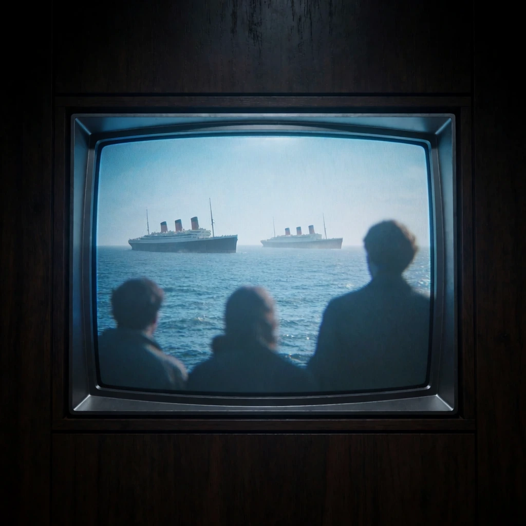 glowing CRT television screen embedded in dark wood paneling, displaying a cinematic scene of silhouetted figures looking toward a hazy ocean, distant four-funnel ocean liners, cool blue tones, pitch-black room, metallic silver TV bezel, subtle scanlines