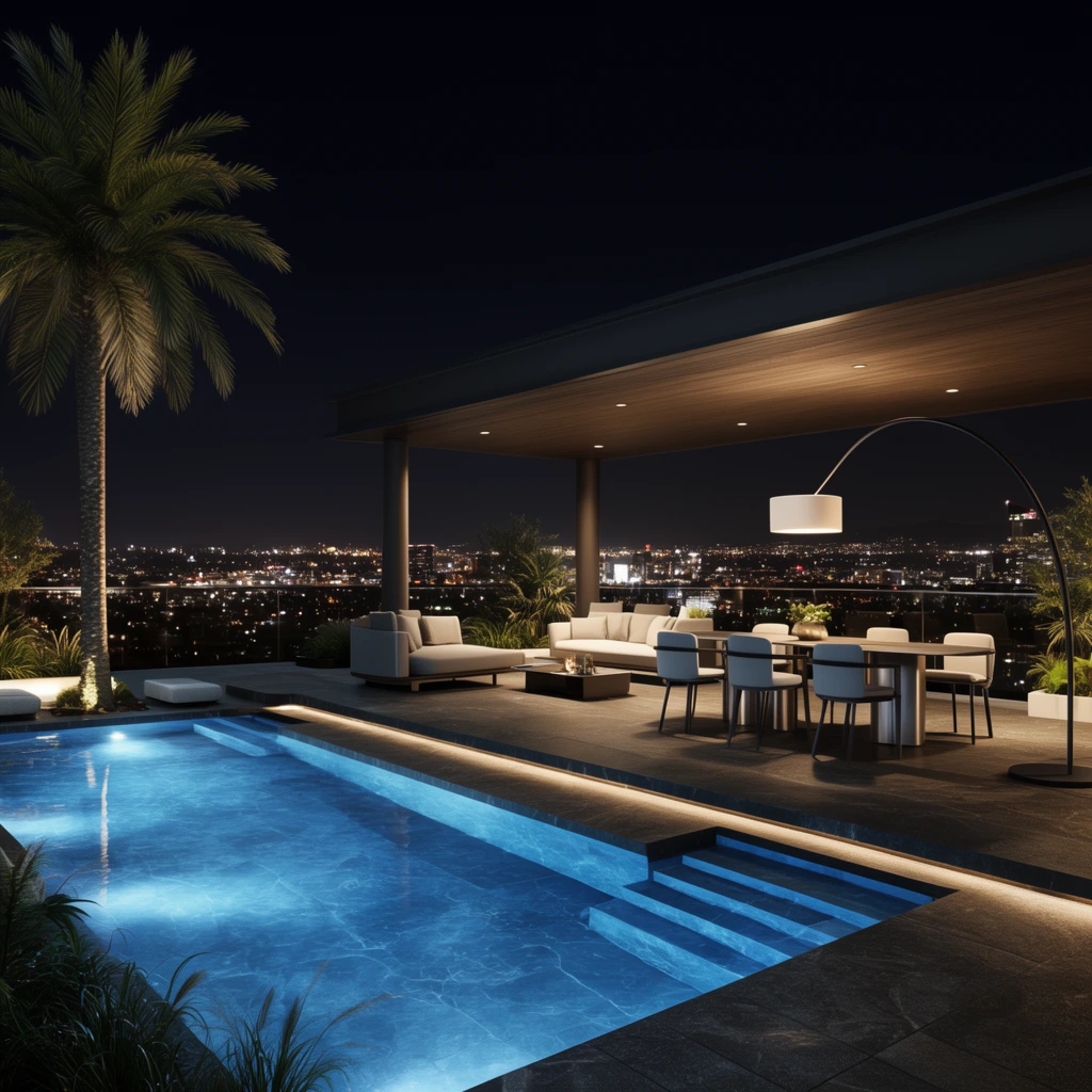 modern luxury outdoor patio at night, glowing blue rectangular swimming pool with stepped entry, covered open-air lounge, modern dining set under a curved floor lamp, sleek sofa, warm recessed lighting, dark stone deck, tall palm tree, expansive illuminated cityscape background, dark night sky, photorealistic architectural rendering, high contrast, contemporary design
