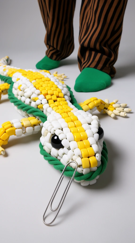 large beaded lizard sculpture made of white and yellow segmented blocks, thick green cord, oversized silver paperclip attached to nose, person standing behind in brown and black striped pants and green socks, high-angle studio shot, light grey background