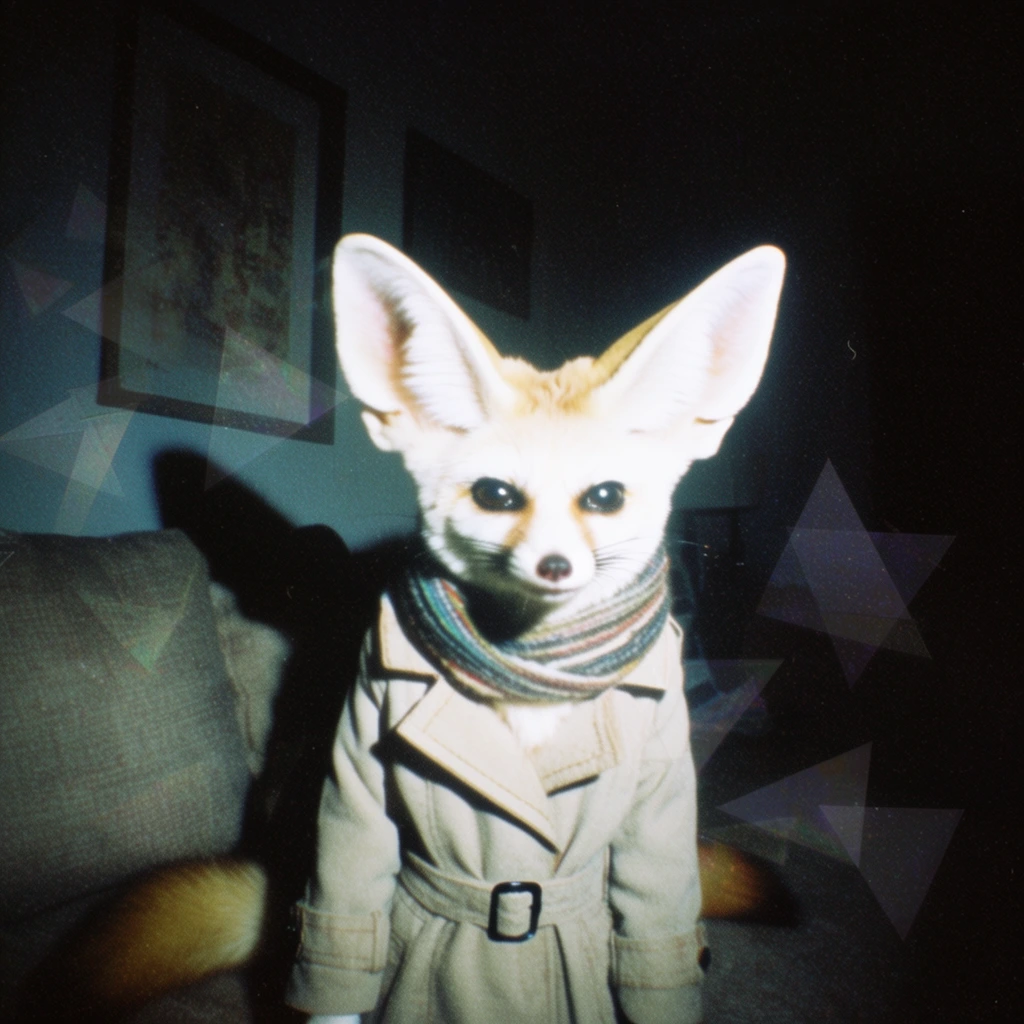 A fennec fox wearing a belted coat and a striped scarf positioned indoors, captured with harsh, direct frontal flash photography that brightly overexposes the immediate foreground. The stark illumination casts hard, deep black shadows against a nearby sofa and framed wall art, while the surrounding room is swallowed by intense, heavy darkness typical of a nighttime point-and-shoot snapshot. Faint, ghostly, translucent geometric triangles float superimposed across the scene, producing a surreal, ethereal visual layer. The composition features heavy, gritty film grain, extreme high-contrast lighting, slight chromatic aberration, and a muted, slightly cool color cast that embodies a lo-fi, vintage analog disposable camera aesthetic with an eerie, uncanny atmosphere.