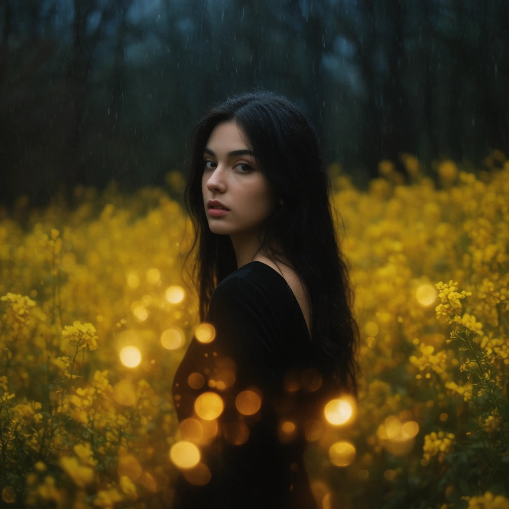 young woman looking over her shoulder, long dark hair, black dress, dense field of yellow flowers, falling rain, glowing golden bokeh orbs in foreground, dark forest background, moody cinematic portrait, shallow depth of field