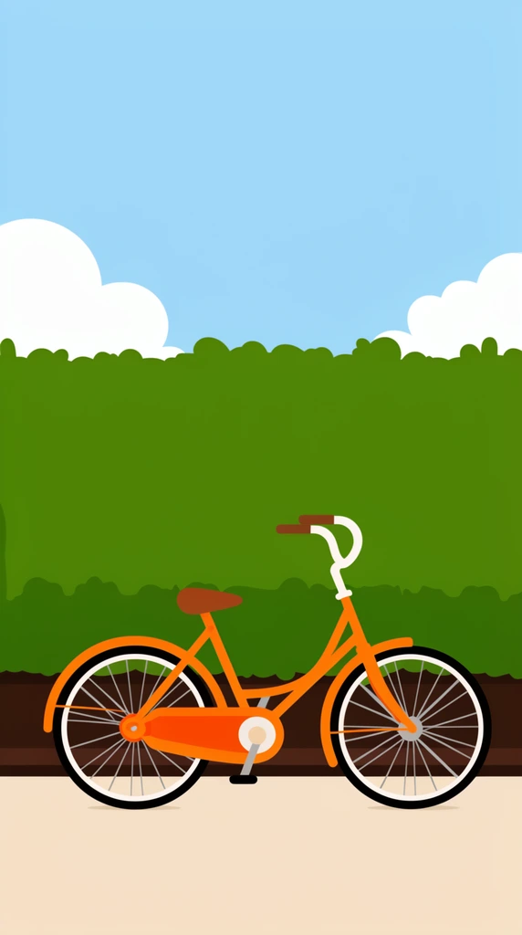 A vibrant orange bicycle sits parked on a beige path against a dense green hedge, rendered in a crisp 2D flat vector illustration style. The bicycle, viewed in sharp side profile facing right, features a classic diamond frame, a brown saddle, and curved white handlebars with brown grips. It has black tires with white sidewalls, silver spokes, an orange chain guard, and matching front and rear fenders. A dark brown horizontal band separates the green foliage from the light path. The background consists of a clear light blue sky with two stylized, puffy white clouds emerging from behind the top edge of the hedge. The composition is highly geometric and minimalist, utilizing solid blocks of bright color, clean lines, and an absence of complex gradients to create a modern, cheerful aesthetic.