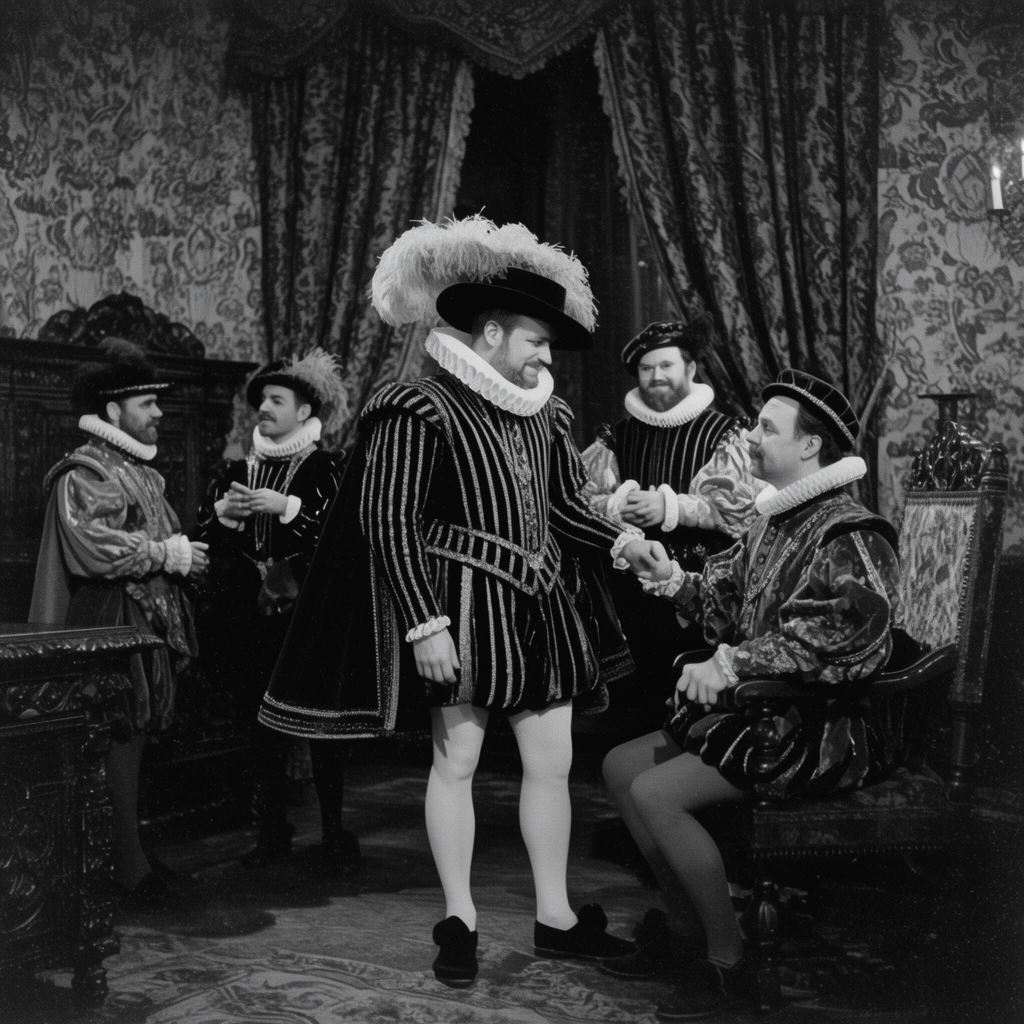 vintage black and white photograph, group of men in elaborate 16th-century costumes conversing in an ornate parlor, central figure wearing a striped doublet, large neck ruff, dark cape, pale tights, large feathered hat, interacting with a seated man, other men in similar period attire with puffed sleeves, rich floral wallpaper, heavy draped curtains, carved wooden furniture, grainy film texture, high contrast theatrical lighting