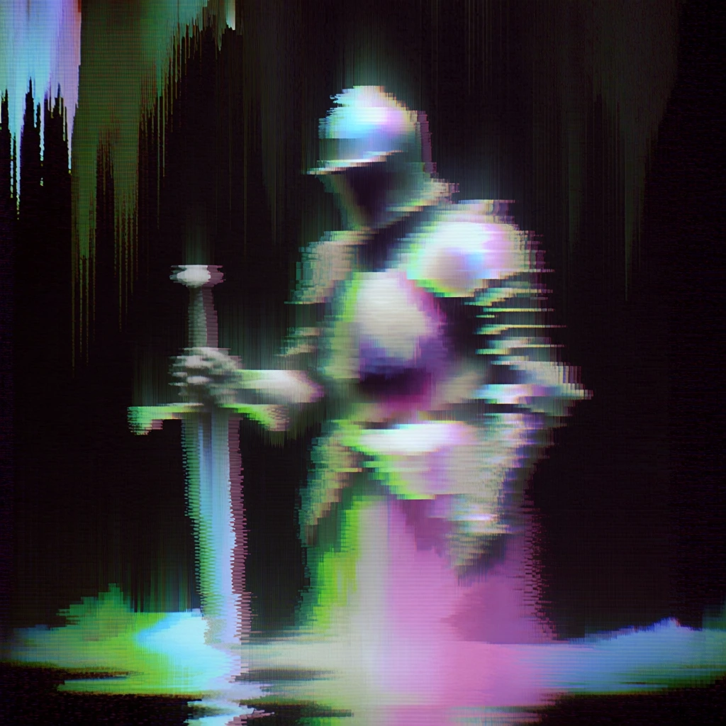 glitch art aesthetic, digital decay, heavy pixel sorting with vertical streaking effects, melting textures, analog crt scan lines, chromatic aberration, ghostly silhouette of a medieval knight standing in dark water, a gleaming sword driven into the ground beside him, palette of deep blacks contrasted with neon acid green, vibrant magenta, and desaturated teal highlights, ethereal haunting composition, noisy signal interference, datamoshing aesthetic, low fidelity digital distortion.
