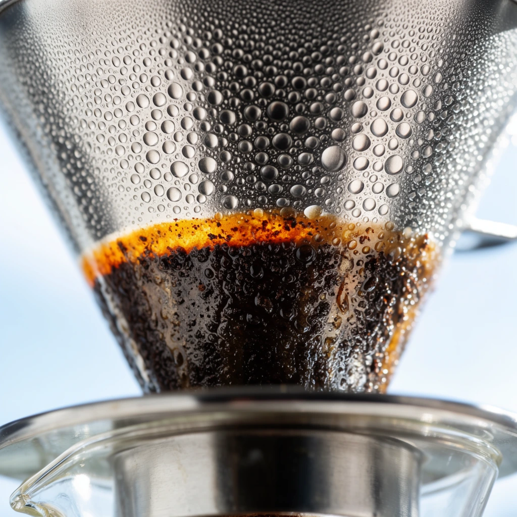 Extreme macro close-up of a conical metallic coffee filter coated in dense, spherical water condensation. The textured silver surface gleams with crisp specular highlights from bright natural backlighting. Midway down the cone, dark wet coffee grounds cling to the interior, bordered by a vibrant amber edge of seeping liquid. The metallic funnel rests on the silver collar of a clear glass carafe. A shallow depth of field blurs the pale sky-blue background into a luminous haze, intensely isolating the hyper-detailed textures of the clinging moisture and rich brewing extraction.