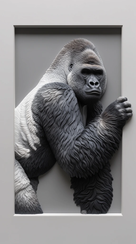 A monochromatic 3D relief sculpture of a silverback gorilla emerging from a rectangular recessed frame. The primate features intricately layered textures simulating thick fur in shades of charcoal and striking white across its back. Its robust arm extends beyond the inner cutout, fingers firmly gripping the smooth, light gray outer border. Shadows emphasize the volumetric depth of the sculpted facial features and heavy body against the flat, medium-gray inner background. The layout creates a sharp contrast between the meticulously embossed animal and the minimalist, clean-cut matting.