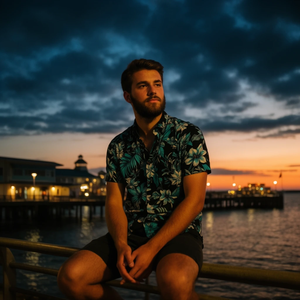 A bearded young man sits on a waterfront railing at twilight, gazing thoughtfully off-camera. He wears a short-sleeved dark shirt with a vibrant teal and white tropical floral pattern and dark shorts, his hands loosely clasped between his knees. The background reveals a calm body of water and a distant pier complex softly illuminated by warm yellow streetlamps and building lights. The sky features a dramatic gradient transitioning from heavy deep blue clouds overhead to a bright orange sunset at the horizon. The cinematic portrait utilizes a shallow depth of field to isolate the sharply focused, warm-lit subject against the softly blurred, moody evening atmosphere.