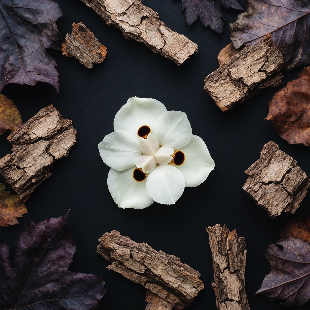 single delicate white flower with three prominent dark brown spots on inner petals, centered on a stark matte black background, surrounded by scattered fragments of rough textured light brown tree bark, withered dark purple and brown autumn leaves framing the edges, flat lay photography, top-down overhead perspective, high contrast botanical still life, minimalist organic composition, soft diffused studio lighting highlighting the intricate wood grain and leaf veins, deep shadows, rich earthy tones contrasting with pristine white