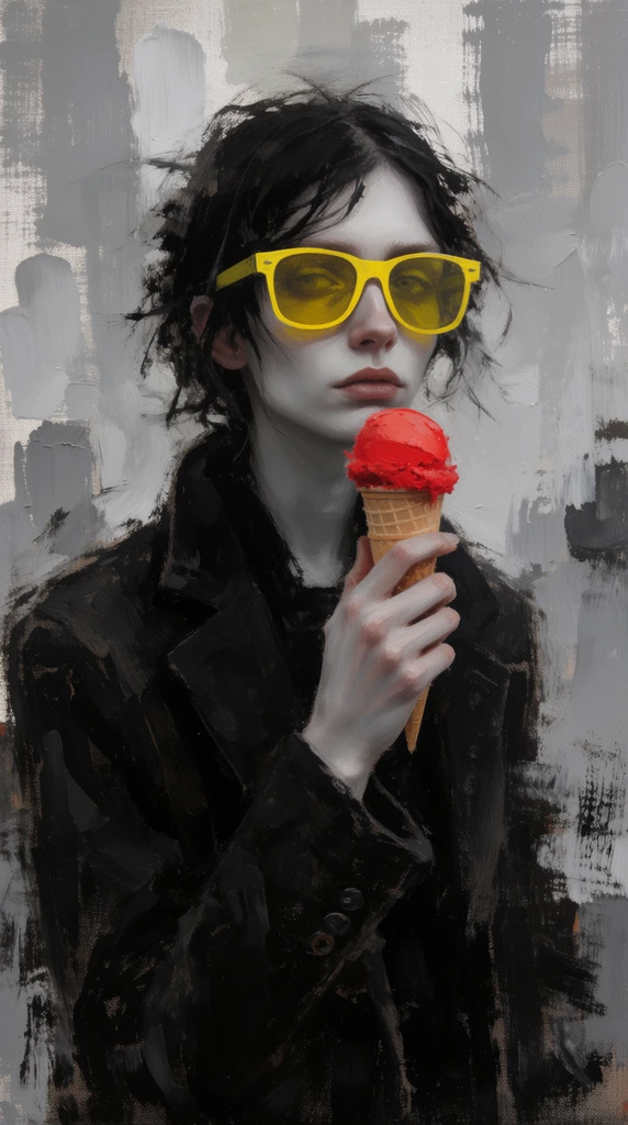 Pale person with dark messy hair and bright yellow sunglasses holding a red ice cream cone near their face. They wear a dark textured coat against an abstract background of grey vertical brushstrokes in an expressive oil painting style with visible canvas texture.