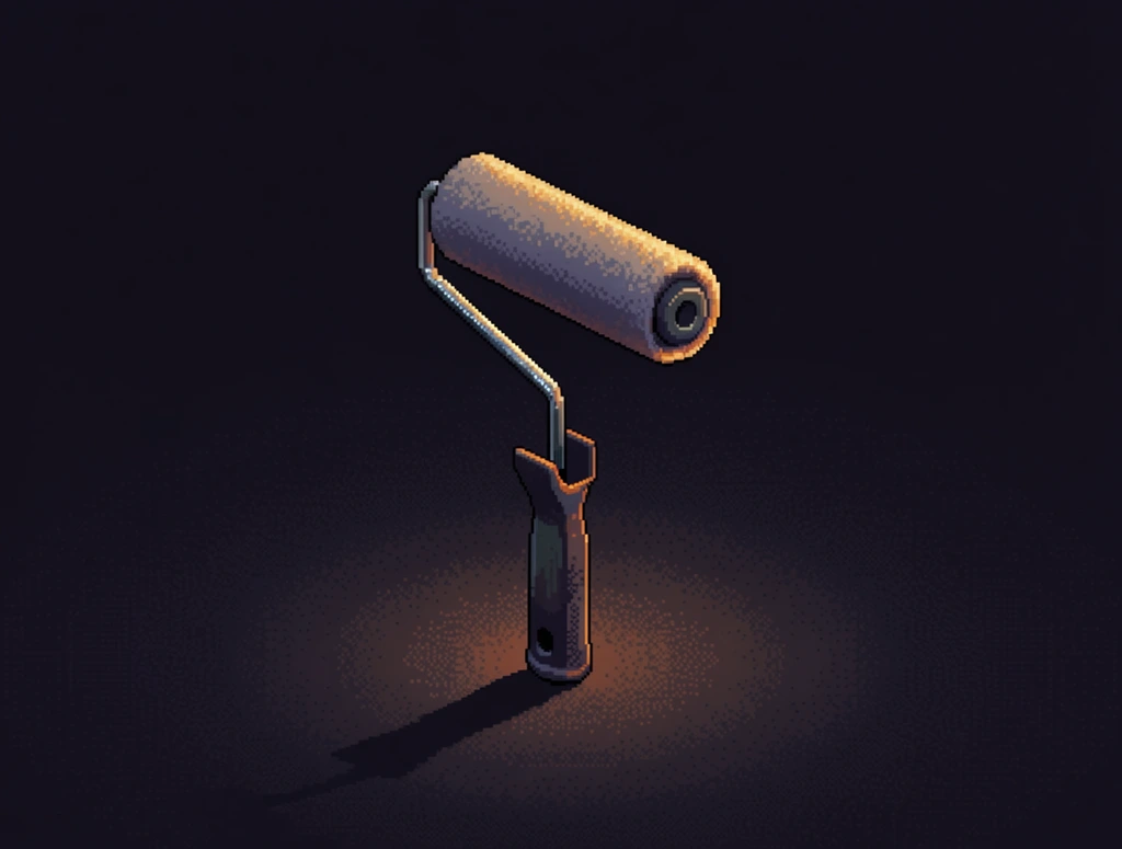 A single paint roller stands vertically in the center of the frame, rendered in highly detailed, isometric pixel art. The roller's cylindrical sleeve, angled metal armature, and gripped handle are constructed using crisp, distinct pixels with meticulous stippled shading and dithering techniques. A warm, localized, golden-amber light illuminates the object from a low, off-camera source, creating gleaming pixelated highlights on the metal and soft, textured gradients across the roller sleeve. This illumination casts a sharp, elongated isometric shadow stretching across the immediate floor plane. The composition is presented as an isolated diorama against a vast, solid, dark violet-black background. The color palette relies on high-contrast, low-key lighting, juxtaposing the deep, shadowy void with the intensely warm, luminous glow hitting the solitary paint roller, executing a precise 32-bit era retro aesthetic with strict 30-degree orthographic projection.