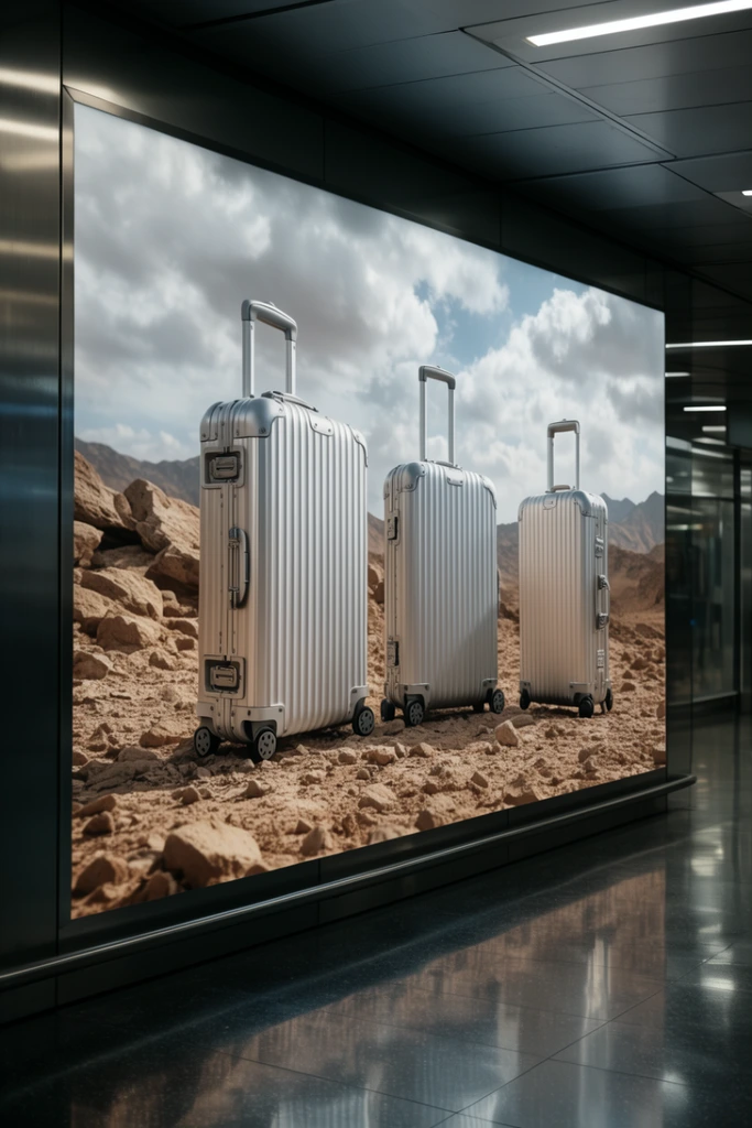 A wide illuminated billboard in a modern, dimly lit corridor displays ribbed silver aluminum suitcases standing upright on a rocky desert landscape under a cloudy sky. The sleek indoor environment features a polished reflective floor, metallic wall framing, and recessed ceiling lights. The composition contrasts the rugged outdoor terrain on the large display with the sterile, architectural surroundings in sharp photorealistic detail.