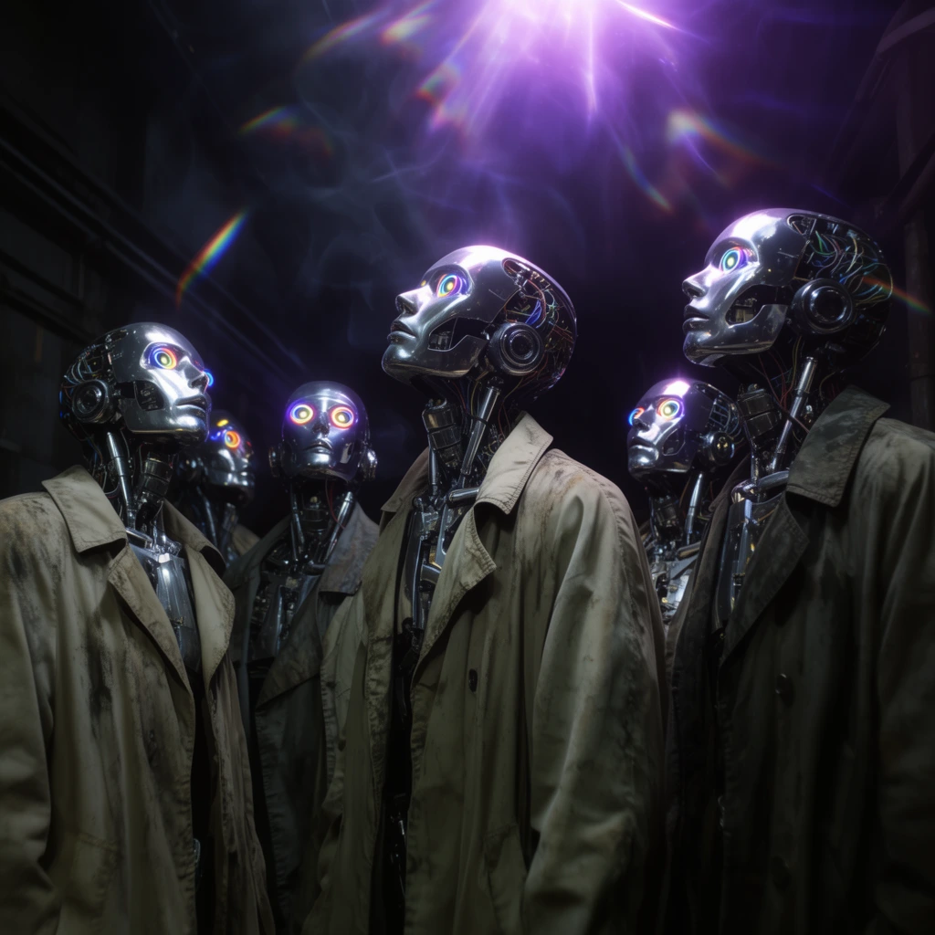 Six humanoid robots with exposed chrome wiring and neon optical sensors wearing weathered trench coats stand clustered in a dark industrial corridor. They gaze upward in collective awe at a brilliant off-screen purple light. Dramatic chiaroscuro lighting illuminates their metallic faces against a pitch-black background filled with atmospheric smoke and anamorphic lens flares.