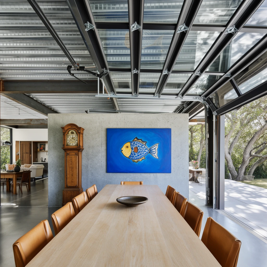 open-concept dining room blending industrial architecture with traditional furnishings, long light wood table lined with tan leather chairs, solid gray concrete partition wall displaying a vibrant blue painting with a central fish motif, antique wooden grandfather clock, exposed corrugated metal ceiling with steel beams, heavy tracks supporting a raised glass garage door, seamless indoor-outdoor transition revealing a sunlit patio and mature trees, architectural interior photography, bright natural daylight, wide-angle perspective