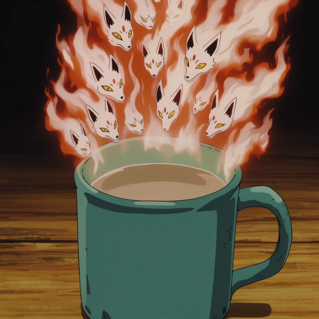 teal ceramic mug filled with milky brown liquid on a horizontally grained wooden table, erupting with a towering aura of pale orange and white flames, fiery smoke dynamically forming multiple small stylized fox-like spirit faces with pointed ears and yellow eyes, 2D anime animation style, cel-shaded rendering, dark contrasting background