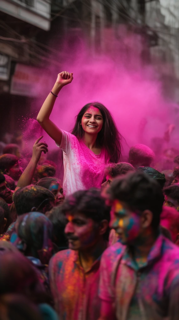 young woman elevated above a dense crowd, smeared in vibrant pink powder, arm raised in celebration, surrounded by people covered in bright colors, thick magenta powder cloud, cinematic street photography, shallow depth of field