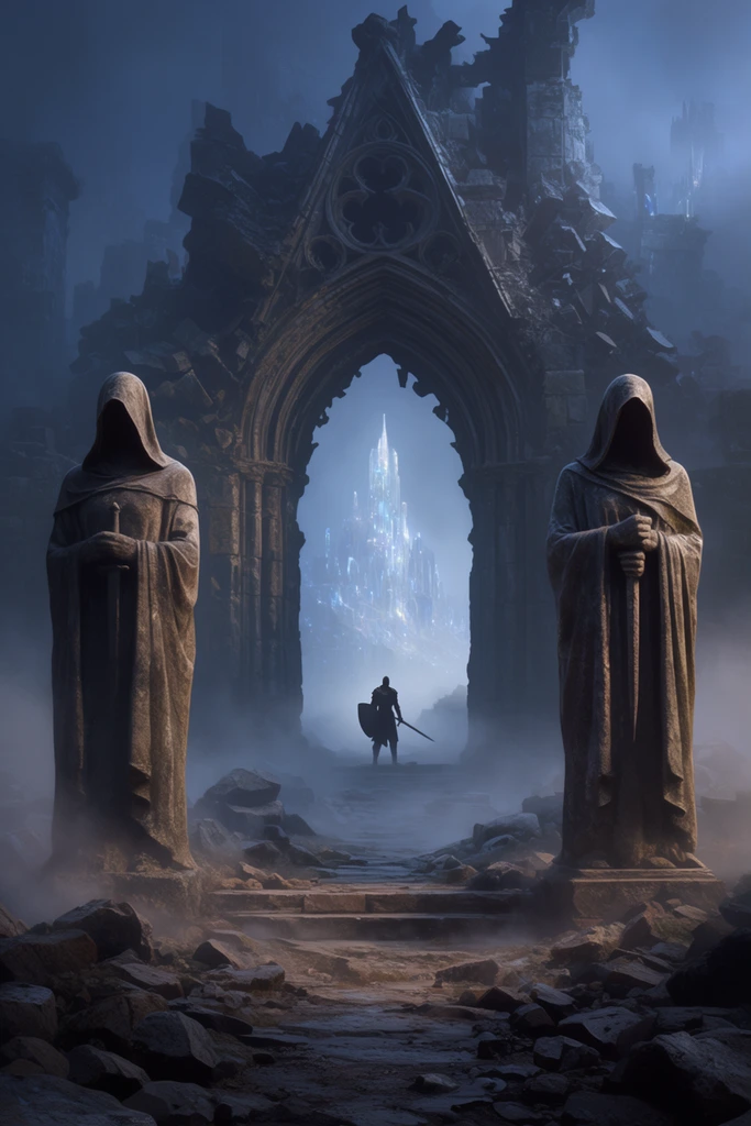 towering faceless hooded stone statues flanking a misty pathway leading to a massive crumbling gothic archway, lone warrior silhouette with sword and shield standing in the central arch, shattered masonry and ancient dark ruins shrouded in low-lying fog, glowing ethereal crystalline citadel rising in the hazy atmospheric distance, cinematic lighting highlighting rough stone textures, moody dark fantasy concept art, deep depth of field, cool blue and muted earthy brown color palette, symmetrical framing