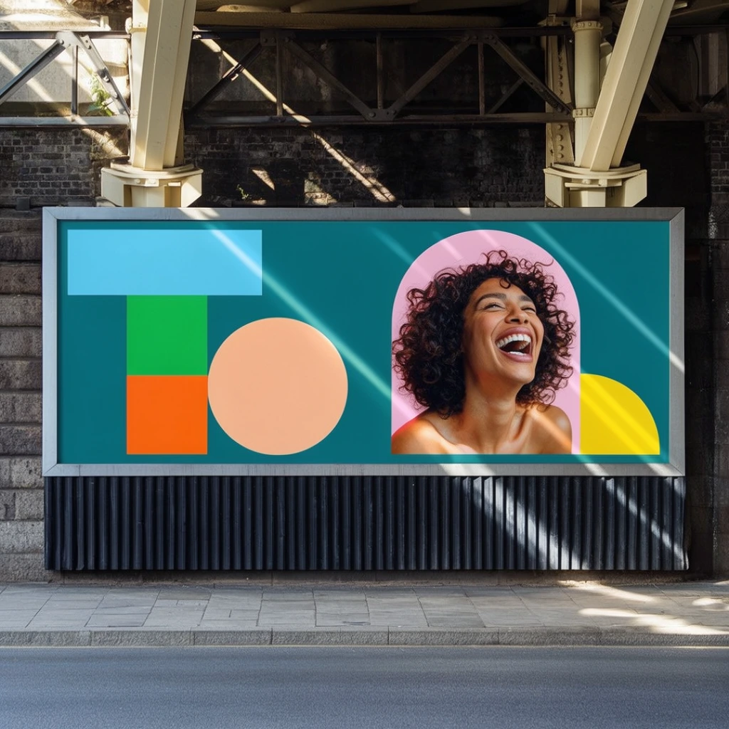 A large rectangular billboard mounted beneath an industrial bridge overpass, bordered by a dark ribbed metal base and heavy cream-colored steel support beams. The display features a solid teal background layered with vibrant, flat geometric shapes including a light blue rectangle, stacked green squares, an orange square, a peach circle, and a yellow quarter-circle. A light pink arched window frames a vibrant photograph of a joyfully laughing woman with curly dark hair tilting her head back. Dramatic diagonal sunlight cuts through the heavy overhead structure, casting sharp architectural shadows across the billboard's surface, the grey paved sidewalk, and the smooth asphalt street in the foreground.