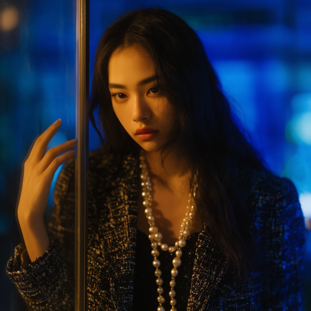 young woman with long dark hair resting hand on vertical glass edge, dark tweed jacket, long pearl necklace, warm golden light on face, deep neon blue blurred background, cinematic bi-color lighting, shallow depth of field