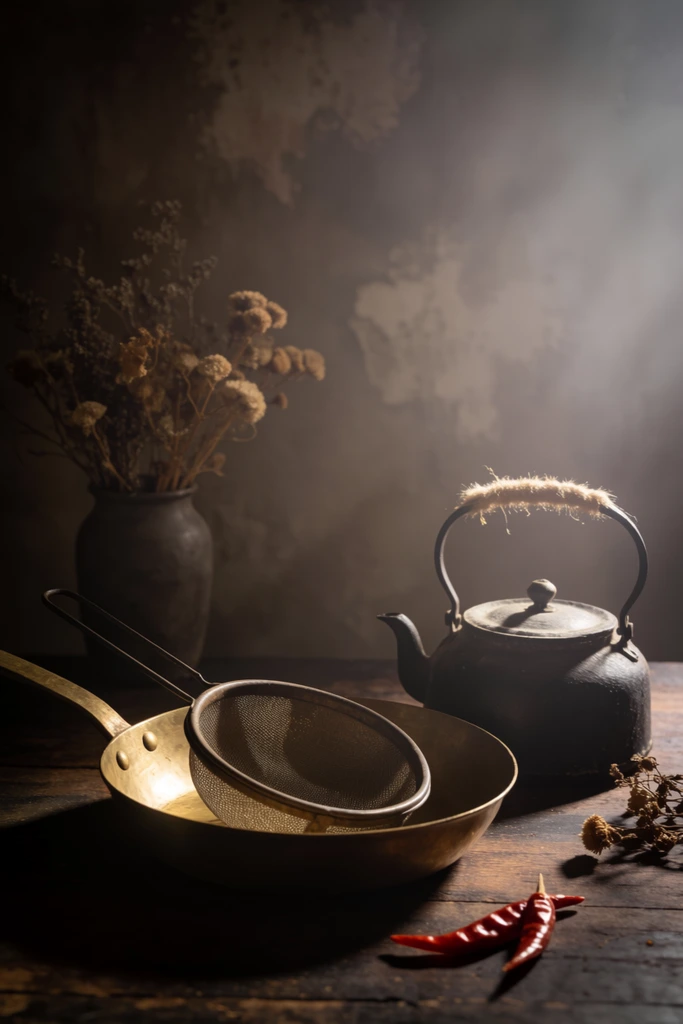 Rustic still life, brass pan, metal sieve, dark kettle, dried flora, red chilies on dark wooden table, hazy volumetric lighting, chiaroscuro, textured wall