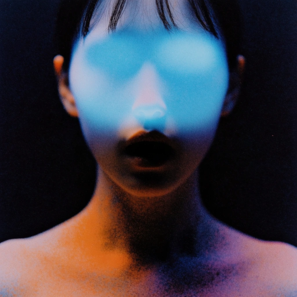 A surreal close-up portrait of a human figure features a featureless, glowing blue field where the eyes should be, set against a dark, grainy background. The subject is positioned centrally, facing forward from the shoulders up, with dark, thin bangs visible at the top of the head. The upper half of the face is obscured by a bright, luminous cyan light that radiates outward, blurring the facial features into a smooth glow. Below this light, a faint nose bridge leads to an open, dark mouth that resembles a shadowy void. The neck and upper chest are visible, textured with heavy digital noise and illuminated by a secondary, warm orange light on the left side, which transitions into deep purple and black shadows on the right. The entire composition is defined by a high-contrast lighting scheme that pits the cool, ethereal blue of the face against the warm tones of the lower body. The background is a solid, pitch-black void, emphasizing the figure's luminous quality. The image has a heavily textured, gritty appearance, similar to high-ISO film photography, creating a soft-focus and abstract aesthetic.