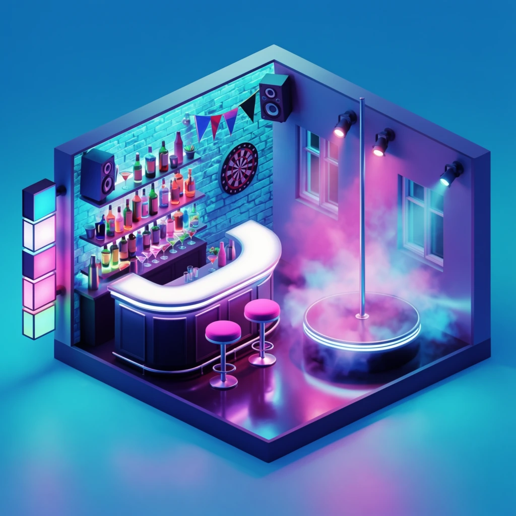 A 3D isometric cutaway diorama of a neon-lit nightclub interior isolated against a solid azure background, saturated in electric cyan and magenta lighting. A curving bar counter with a luminous white surface and dark paneled base anchors the center, paired with two modern pink-cushioned bar stools. Illuminated shelving behind the counter displays colorful liquor bottles and cocktail glasses against a textured cyan brick wall. A segmented vertical illuminated box sign protrudes from the left exterior edge. On the right side of the room, a circular performance platform with a central metal pole is engulfed in swirling volumetric pink and blue smoke, highlighted by wall-mounted spotlights. A dartboard, stereo speakers, and triangular pennants detail the back wall, while two small windows pierce the smooth adjacent wall. The stylized digital rendering features glossy floor reflections, sharp structural edges, and a vibrant synthwave atmosphere.
