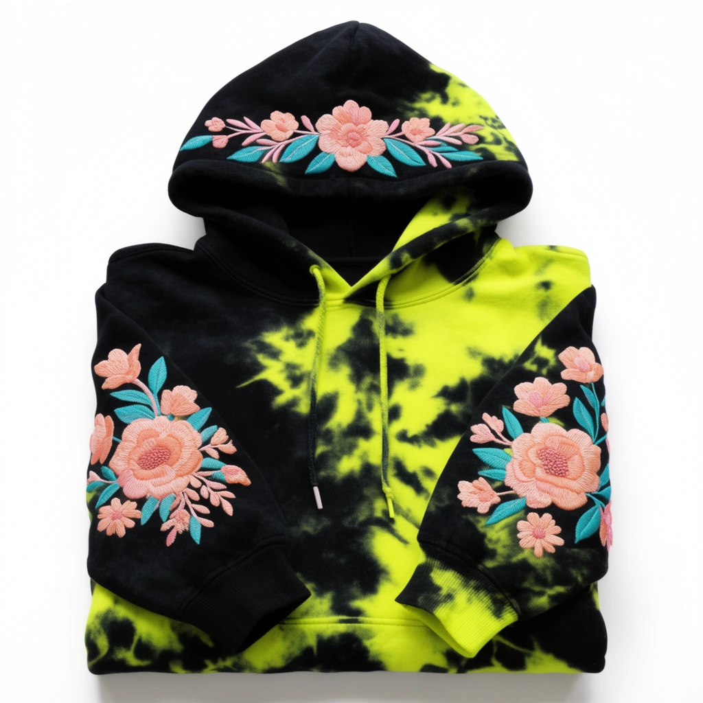 black and neon yellow tie-dye hoodie with pink and teal accents, folded flat on a stark white background, peach floral embroidery on sleeves and hood edge