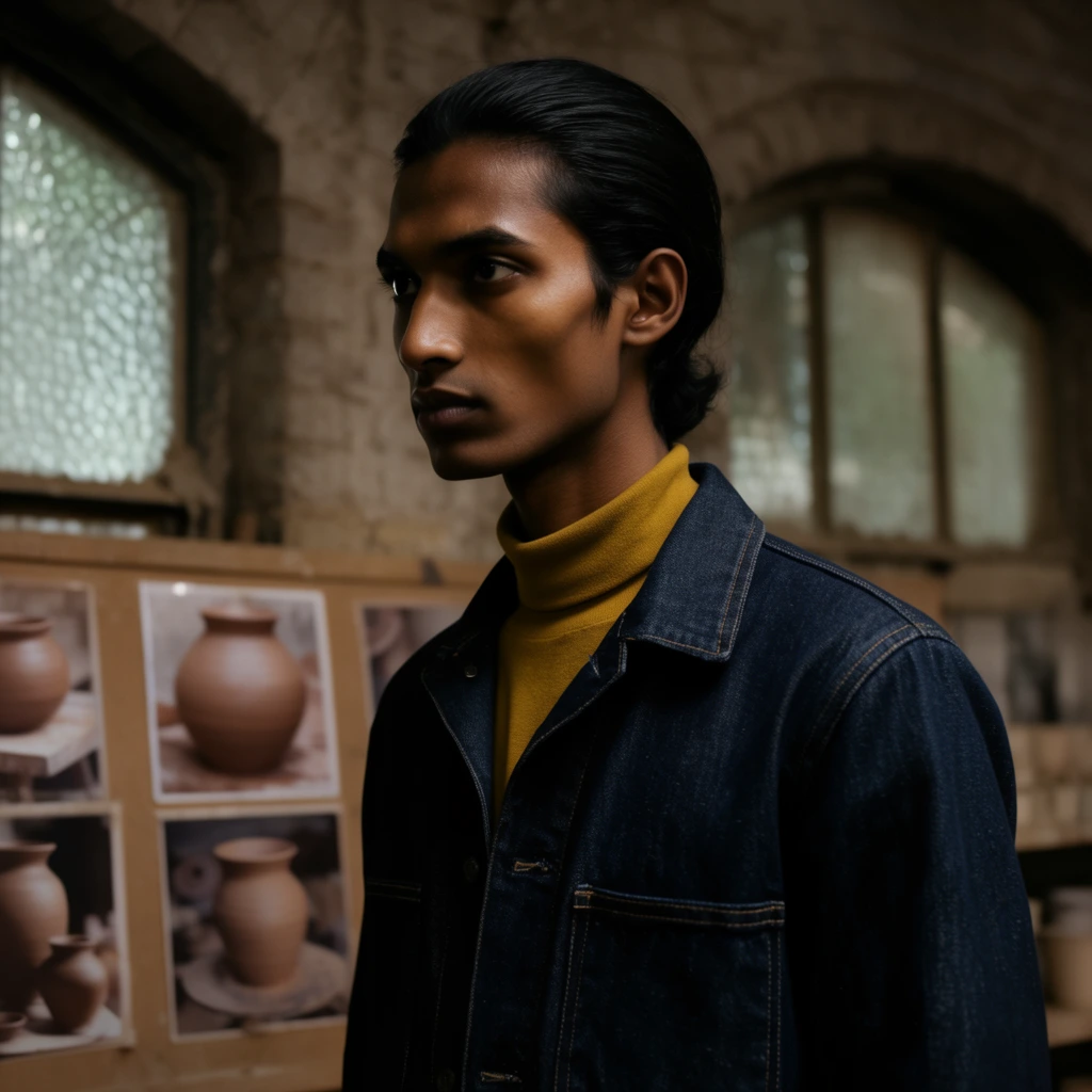 A slender South Asian young man with sharp cheekbones and pulled-back black hair gazes intently to the left with a solemn, contemplative expression. He wears a dark indigo denim work jacket over a mustard yellow turtleneck. Captured in a medium close-up, his face is partially in shadow through dramatic cinematic lighting. The softly blurred background reveals a dusty ceramics studio featuring arched brick windows with textured glass. Below the windows, a wooden board displays square photographs of raw clay pottery. The composition utilizes a shallow depth of field, keeping the subject in sharp focus while the earthy industrial background melts into a soft bokeh.
