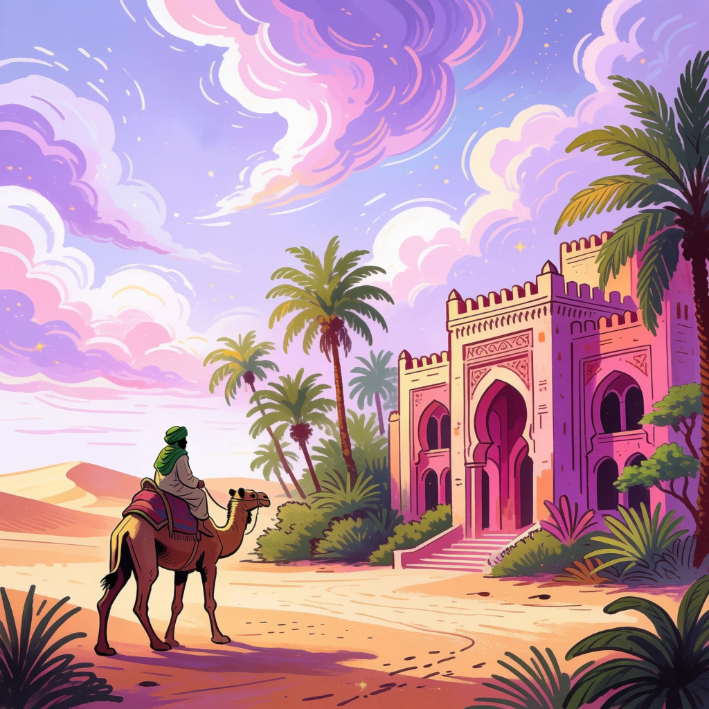 camel rider by pink palace in desert, stylized illustration, vibrant dreamy vibe