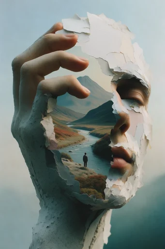 Fragmented Optical Surrealism style reference image — tactile collage