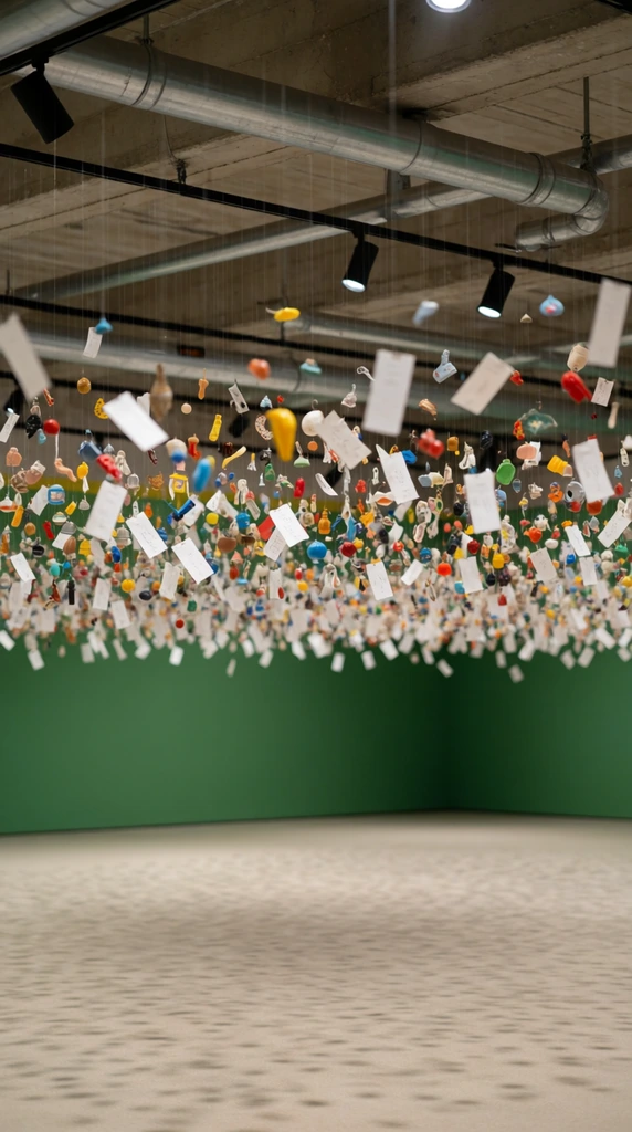 dense floating canopy of small colorful everyday objects and rectangular white paper slips suspended by thin strings, contemporary art installation, tiny trinkets in pops of primary colors, industrial ceiling with exposed metal pipes concrete beams and black track lighting, spacious minimalist gallery, lower walls painted solid matte green, smooth beige floor, shallow depth of field, soft daylight