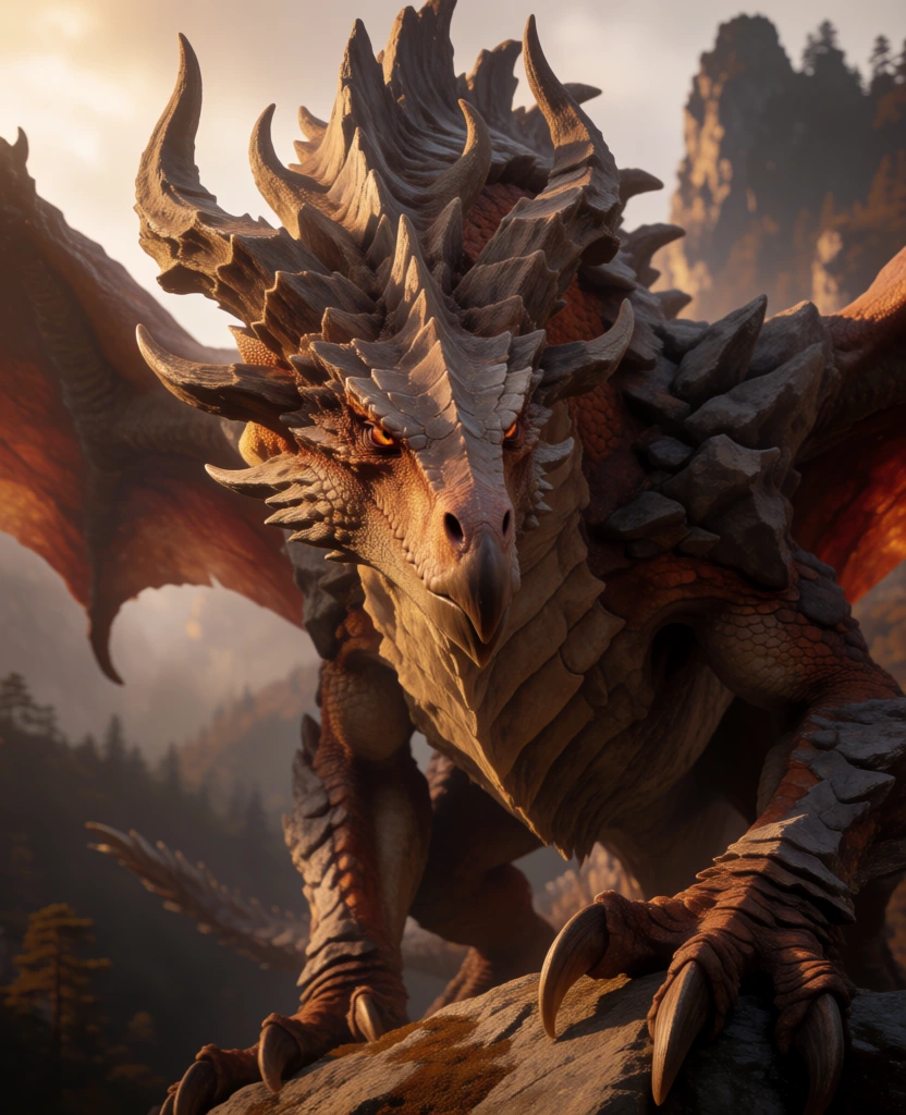 A colossal red-brown dragon dominates a mountainous landscape, perched on a rocky outcrop and staring down with glowing amber eyes, as if caught in a tense, regal pause just before movement. digital fantasy illustration, high-end CGI concept art, ultra-detailed photoreal rendering, epic creature portrait, cinematic fantasy, dark heroic vibe, grand scale, intricate surface detail, dramatic atmospheric perspective, painterly realism, sharp focus on subject, soft haze in distance, visually adjacent to Greg Rutkowski, Ruan Jia, Feng Zhu, Ian McQue by mood though more creature-centric, palette of burnt sienna, oxblood, charcoal, ash gray, bronze, warm gold, dusty peach, muted forest green, low sun golden-hour lighting, strong rim light, deep shadows, high contrast, moderate atmospheric bloom, no visible camera metadata, no obvious lens distortion, no noticeable noise, polished digital finish. The dragon fills nearly the entire frame vertically and horizontally, with its horned head centered slightly above the midpoint. Its face is narrow and armored with layered, stone-like scales; the snout points downward toward the viewer, ending in a sharp hooked tip. Two bright ember-orange eyes sit deep under heavy brow ridges, one on each side of the centerline, giving an intense, predatory expression. From the crown and forehead rise multiple massive horns: the tallest spear upward near top center, another curves up left of center, and a pale horn arcs up to the right; smaller jagged spikes cluster between and around them. Broad wings extend outward behind the head, their leathery membranes glowing reddish where sunlight passes through, with the left wing stretching across the upper left quadrant and the right wing framing the upper right edge. The neck and chest descend through the middle, covered in ridged plates and overlapping scales. Large foreclaws grip the rock ledge at the bottom center and bottom right, each talon curved, ivory-colored, and deeply embedded in stone. The dragon’s back and shoulders, especially on the right half, are covered in dense blackish spikes and armored ridges. Beneath it, fractured pale-gray cliffs stack vertically in the foreground. In the background, hazy mountain peaks rise across the upper middle distance, while dark evergreen forest fills the valley below on the left and lower portions, softened by warm mist and angled sunlight from the upper left.