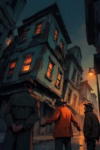 Nocturnal Storybook Noir style reference image — whimsical crooked architecture