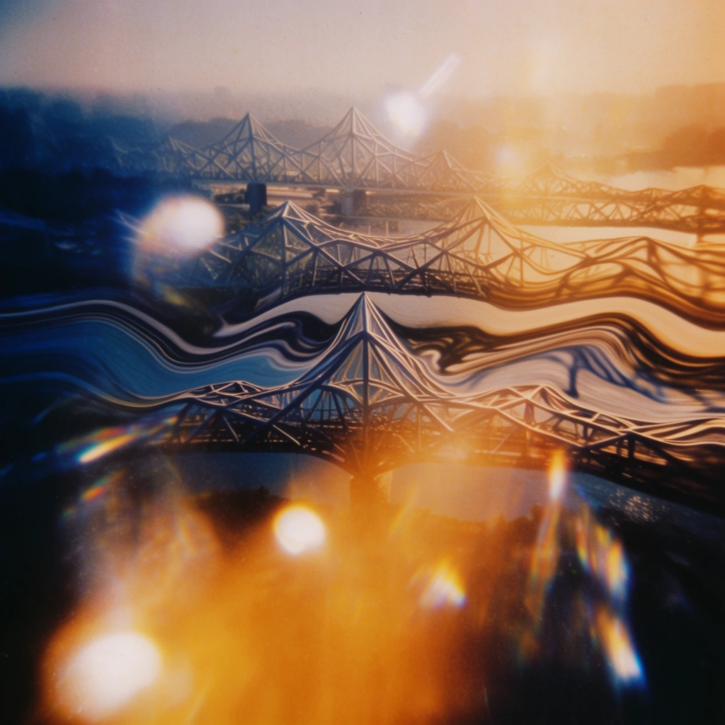 Intricate star-shaped bridges spanning a hazy expanse, captured in a dreamy, vintage analog film aesthetic with heavy optical aberrations. The geometric structures of the bridges are drastically warped by a prominent, liquid-like wavy displacement rippling horizontally across the middle of the frame, bending and melting the architectural lines. A high-contrast color palette dominates the scene, juxtaposing deep, cool navy blue shadows against intense, warm golden-orange backlighting. Massive amber light leaks, soft glowing white optical flares, and prismatic light streaks wash over the foreground in a surreal and ethereal overlay. The entire composition features pronounced film grain, a soft hazy focus, and a deeply atmospheric, lo-fi nostalgic mood characterized by extreme lens distortions and light refractions.