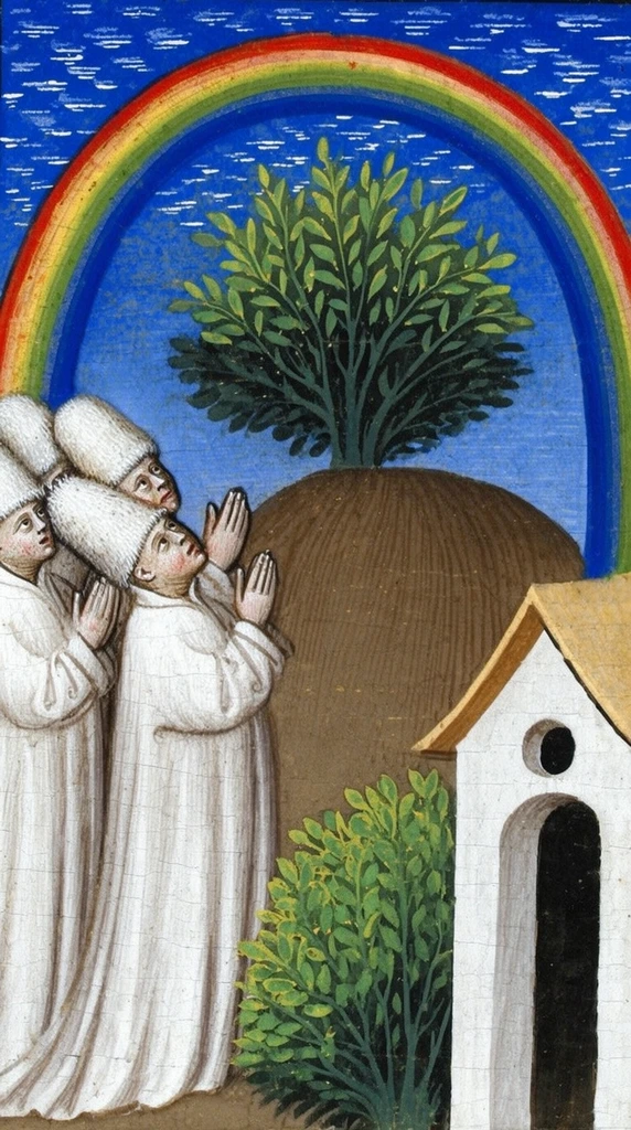 Three figures wearing voluminous white robes and tall, fuzzy white hats stand clustered on the left, their pale faces turned upwards and hands raised in prayer toward a vibrant rainbow. The rainbow, featuring distinct red, yellow, green, and blue bands, forms a perfect arch in a deep blue sky speckled with dashed white clouds. Beneath the arch, a stylized tree with individual green leaves grows atop a rounded brown hill. In the lower right foreground sits a small white building with a tan pitched roof, a dark arched doorway, and a small round window, flanked by a leafy green bush. The composition features a flat perspective, rich pigments, and an aged, crackled surface texture characteristic of historical illuminated manuscripts.