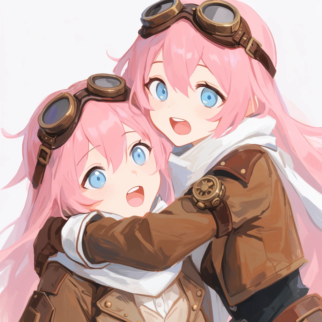 Two anime girls, one tightly hugging the other's neck, long pink hair, blue eyes, brown steampunk aviator jackets, leather goggles, white scarves, joyful and surprised expressions, soft pastel painterly style, cel-shaded illustration