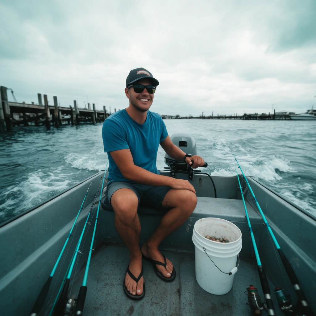 smiling man driving a small grey motorboat, sitting in the stern wearing sunglasses, baseball cap, blue t-shirt, flip-flops, hand on the outboard motor tiller, cyan fishing rods and white bait bucket on the deck, choppy water with wake, distant harbor docks, overcast sky, wide-angle perspective from the bow, cool cinematic color grading