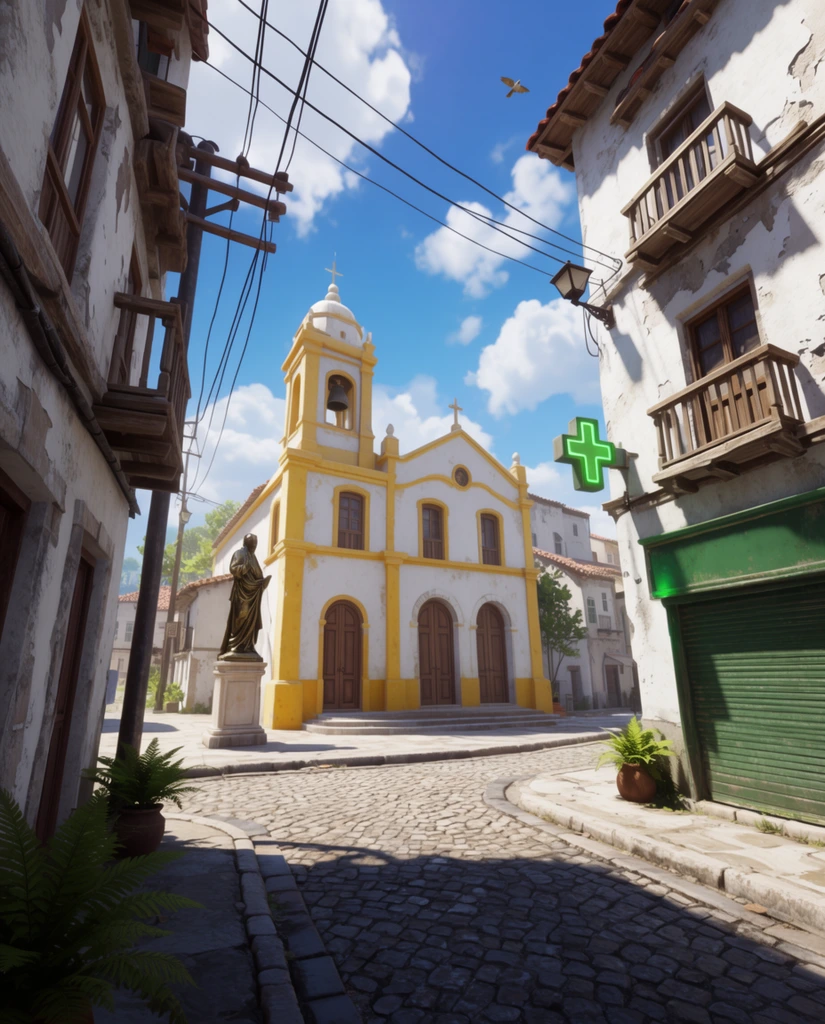 sunny cobblestone street corner, white and yellow church with a bell tower and arched wooden doors, bronze statue on a pedestal, weathered white stucco buildings with peeling plaster and wooden balconies, glowing green cross sign, closed green storefront, overhead power lines intersecting a bright blue sky with white clouds, flying bird, potted ferns in foreground shadows, crisp daytime sunlight, sharp angled shadows, high-definition 3D rendered environment