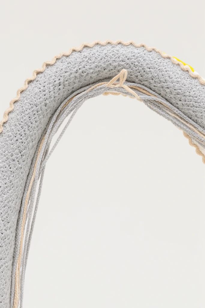 A curved, light grey textured cord forms a sweeping arc across the upper portion of a solid off-white background. The thick main cord features a porous, woven surface with fibrous micro-structures. Along its outer edge runs a continuous scalloped pale beige trim. The inner curve is bordered by thinner, tightly braided strings in matching grey and beige tones, including a small protruding loop of beige thread near the apex. A tiny accent of bright yellow appears on the far upper right edge of the structure. The highly minimalist composition utilizes macro photography framing to emphasize the intricate tactile qualities of the materials under soft, even, diffused studio lighting.