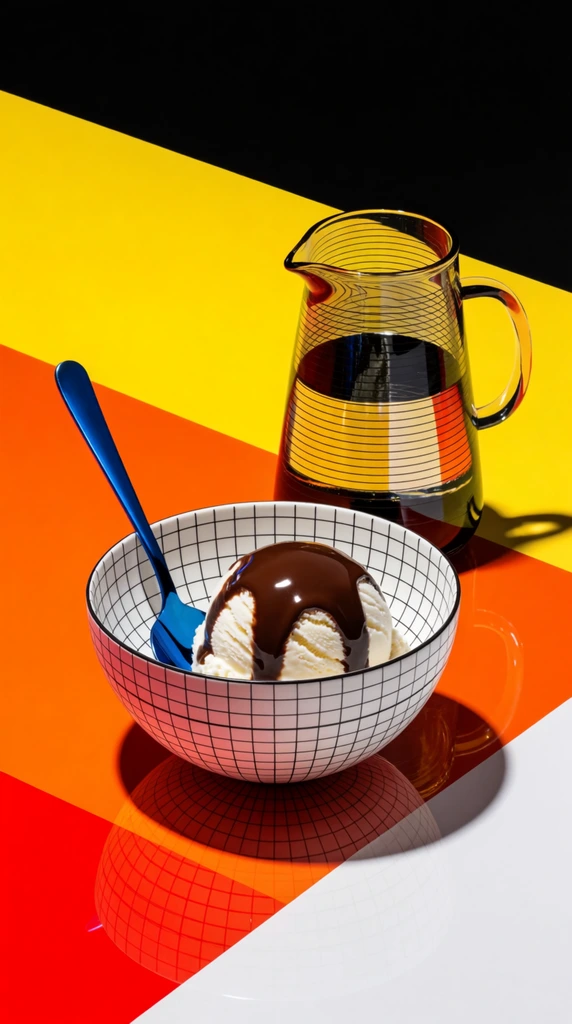 A scoop of ice cream topped with glossy chocolate syrup rests in a white hemispherical bowl patterned with a black wireframe grid. A bright blue metallic spoon sits inside the bowl, which casts a reflection on the surface below. Behind it stands a glass pitcher with horizontal lines, reflecting gold and black tones. The scene is set against a vibrant, abstract background of flat, intersecting geometric planes in solid black, yellow, orange, red, and white. Harsh direct lighting creates sharp shadows, contrasting the photorealistic textures of the food and glass with the stark pop-art environment.