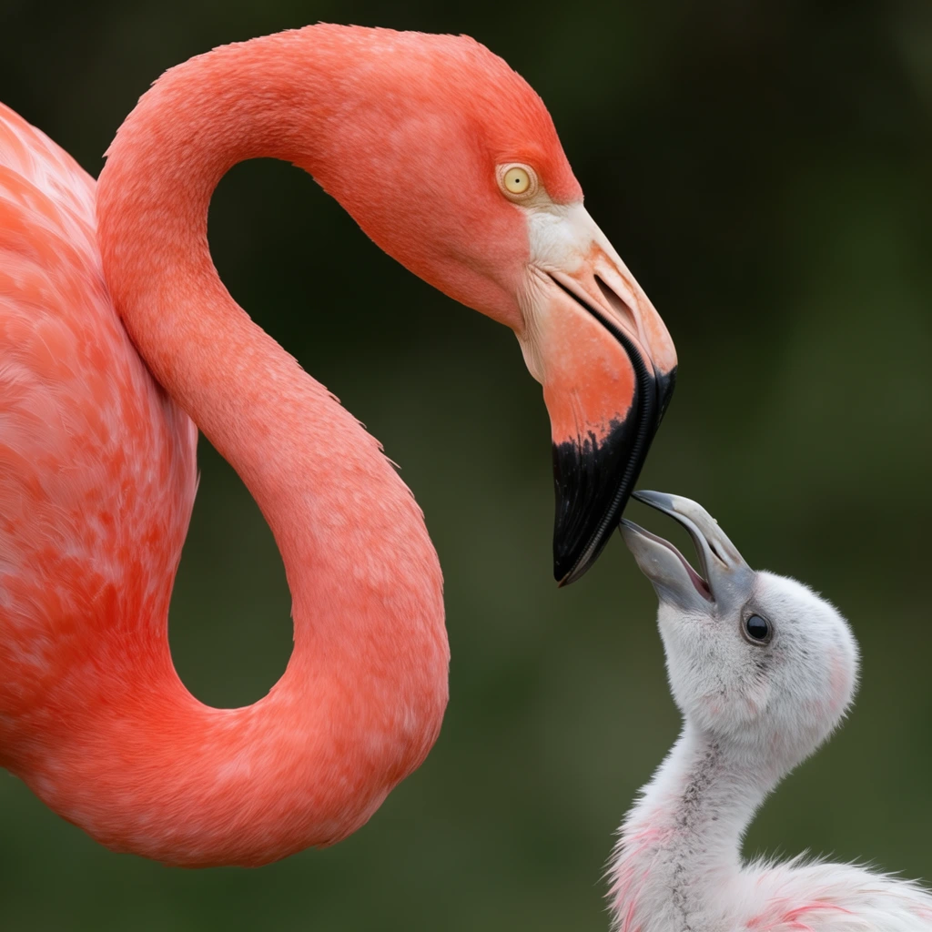 A vivid macro wildlife portrait of a bright coral-pink adult flamingo arching its long, S-curved neck downward to interact with a fluffy, pale grey chick. The adult's large beak, featuring a pale base and a sharp black tip, gently meets the chick's upward-pointing, open grey beak. The adult features a striking pale yellow eye, while the chick's dark eye is set amidst soft white downy feathers with faint pink wisps. The sharply focused subjects stand out against a deeply blurred, dark olive-green background. Soft, diffused natural light illuminates the intricate textures of the vibrantly colored adult plumage and the delicate down of the young bird.