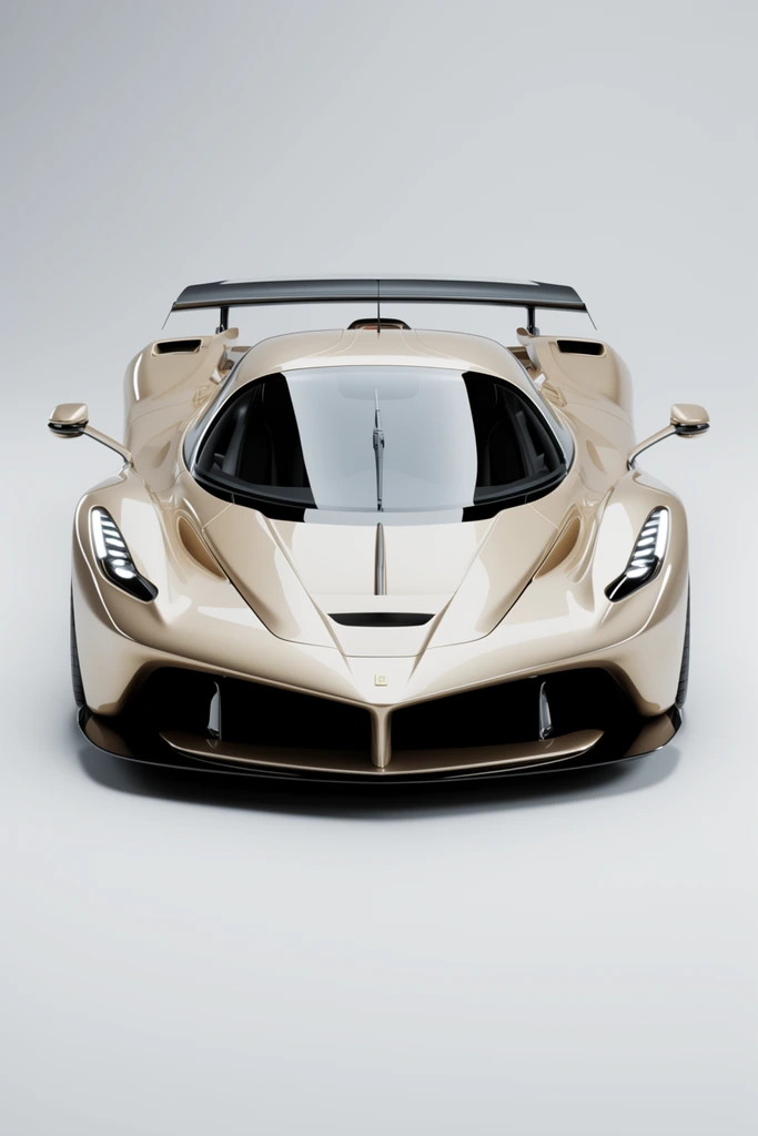 A sleek champagne-colored high-performance sports car is centered against a seamless light gray studio backdrop. The highly aerodynamic vehicle features a sharp pointed nose, angled LED headlights, and massive dark lower air intakes separated by a central strut. Thin extended side mirrors flank a deeply curved windshield with a single wiper. A wide dark rear wing spans the upper section. High-key lighting accentuates the glossy metallic finish and symmetrical curves in this photorealistic automotive render.