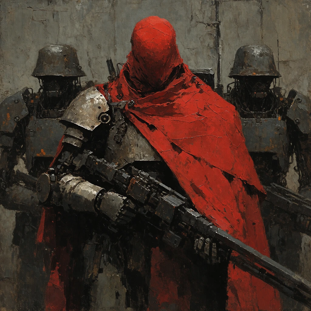 A warrior draped in a vibrant crimson cloak and heavy metallic armor grips a long, dark mechanical weapon. A sculpted red cowl obscures their face. Behind them against a textured, bleak grey wall, two shadowy mechanical soldiers in weathered metallic helmets stand guard. The composition employs a gritty, painterly style with heavy impasto textures, contrasting the striking red fabric against a somber, monochromatic dystopian background.