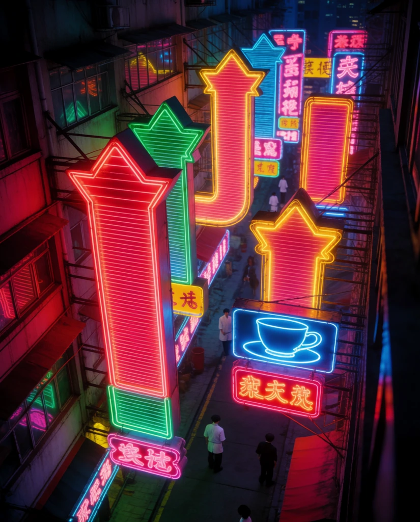 A high-angle view captures a narrow urban alleyway overwhelmed by a chaotic canopy of brightly colored neon signs protruding from multi-story buildings. Massive illuminated light boxes and shaped marquees in intense crimson, emerald green, glowing yellow, and electric blue feature giant arrows, tall vertical pillars, and an outlined teacup. Deep shadows cling to the surrounding architecture, contrasting with the intensely bright neon tubes. On the street level below, small figures in white uniforms and dark clothing navigate the passage, bathed in the ambient, multicolored glow. The cinematic scene features soft halation around the vivid lights, creating a moody, vibrant nightlife atmosphere.